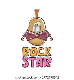 vector funny cartoon cute brown punk rock star potato character with Iroquois isolated on white  background. Rock star vector concept print. rock n rock hipster vegetable funky character