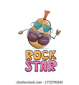 vector funny cartoon cute brown punk rock star potato character with Iroquois isolated on white  background. Rock star vector concept print. rock n rock hipster vegetable funky character
