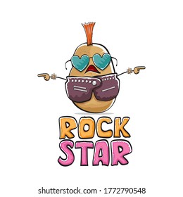vector funny cartoon cute brown punk rock star potato character with Iroquois isolated on white  background. Rock star vector concept print. rock n rock hipster vegetable funky character