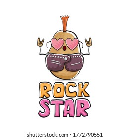 vector funny cartoon cute brown punk rock star potato character with Iroquois isolated on white  background. Rock star vector concept print. rock n rock hipster vegetable funky character