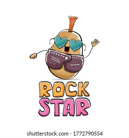 vector funny cartoon cute brown punk rock star potato character with Iroquois isolated on white  background. Rock star vector concept print. rock n rock hipster vegetable funky character