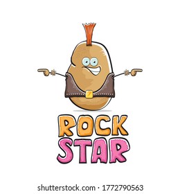 vector funny cartoon cute brown punk rock star potato character with Iroquois isolated on white  background. Rock star vector concept print. rock n rock hipster vegetable funky character