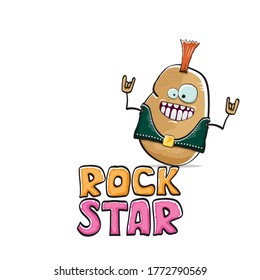 vector funny cartoon cute brown punk rock star potato character with Iroquois isolated on white  background. Rock star vector concept print. rock n rock hipster vegetable funky character
