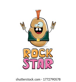 vector funny cartoon cute brown punk rock star potato character with Iroquois isolated on white  background. Rock star vector concept print. rock n rock hipster vegetable funky character