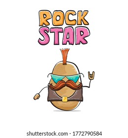 vector funny cartoon cute brown punk rock star potato character with Iroquois isolated on white  background. Rock star vector concept print. rock n rock hipster vegetable funky character