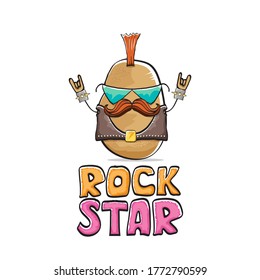 vector funny cartoon cute brown punk rock star potato character with Iroquois isolated on white  background. Rock star vector concept print. rock n rock hipster vegetable funky character