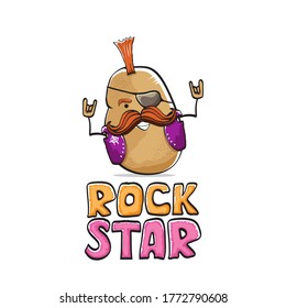 vector funny cartoon cute brown punk rock star potato character with Iroquois isolated on white  background. Rock star vector concept print. rock n rock hipster vegetable funky character