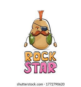 vector funny cartoon cute brown punk rock star potato character with Iroquois isolated on white  background. Rock star vector concept print. rock n rock hipster vegetable funky character
