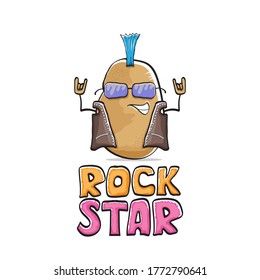 vector funny cartoon cute brown punk rock star potato character with Iroquois isolated on white  background. Rock star vector concept print. rock n rock hipster vegetable funky character
