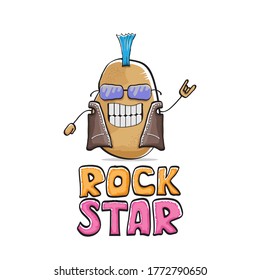 vector funny cartoon cute brown punk rock star potato character with Iroquois isolated on white  background. Rock star vector concept print. rock n rock hipster vegetable funky character