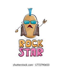 vector funny cartoon cute brown punk rock star potato character with Iroquois isolated on white  background. Rock star vector concept print. rock n rock hipster vegetable funky character
