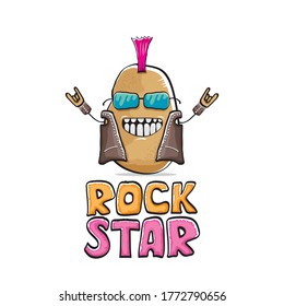 vector funny cartoon cute brown punk rock star potato character with Iroquois isolated on white  background. Rock star vector concept print. rock n rock hipster vegetable funky character