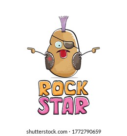 vector funny cartoon cute brown punk rock star potato character with Iroquois isolated on white  background. Rock star vector concept print. rock n rock hipster vegetable funky character