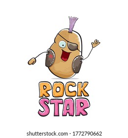 vector funny cartoon cute brown punk rock star potato character with Iroquois isolated on white  background. Rock star vector concept print. rock n rock hipster vegetable funky character