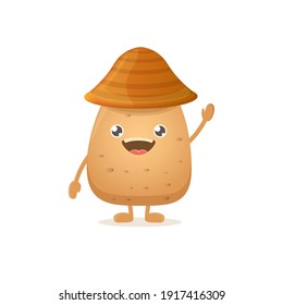 vector funny cartoon cute brown smiling tiny potato with hat isolated on white background. My name is potato vector concept illustration. vegetable funky character