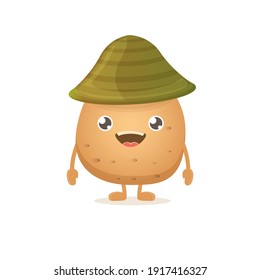 vector funny cartoon cute brown smiling tiny potato with hat isolated on white background. My name is potato vector concept illustration. vegetable funky character