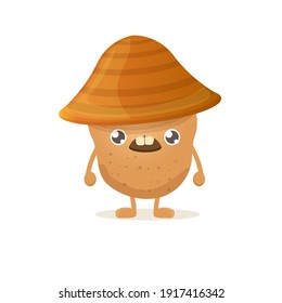 caricatura vectorial graciosa linda patata pequeña sonriente marrón con sombrero aislado de fondo blanco. Mi nombre es ilustración del concepto de vector de papa. carácter funky vegetal
