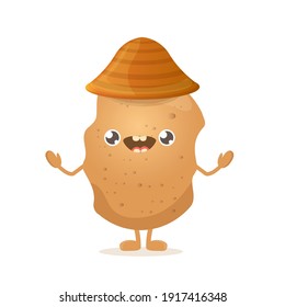 caricatura vectorial graciosa linda patata pequeña sonriente marrón con sombrero aislado de fondo blanco. Mi nombre es ilustración del concepto de vector de papa. carácter funky vegetal