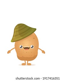 caricatura vectorial graciosa linda patata pequeña sonriente marrón con sombrero aislado de fondo blanco. Mi nombre es ilustración del concepto de vector de papa. carácter funky vegetal