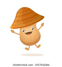 vector funny cartoon cute brown smiling tiny potato with hat isolated on white background. My name is potato vector concept illustration. vegetable funky character