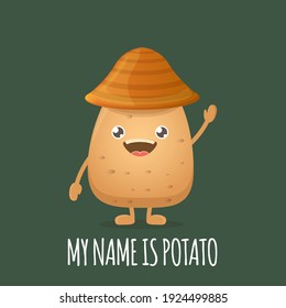 vector funny cartoon cute brown smiling tiny potato with hat isolated on green background. My name is potato vector concept illustration. vegetable funky character