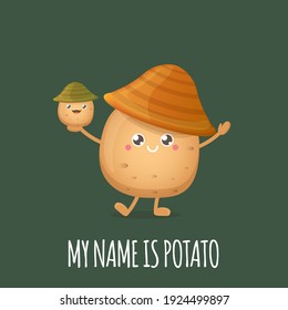 vector funny cartoon cute brown smiling tiny potato with hat isolated on green background. My name is potato vector concept illustration. vegetable funky character