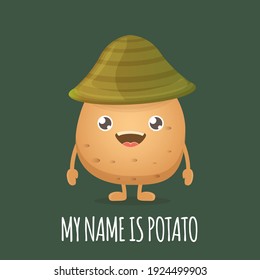 caricatura vectorial graciosa linda patata pequeña sonriente marrón con sombrero aislado en el fondo verde. Mi nombre es ilustración del concepto de vector de papa. carácter funky vegetal