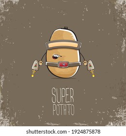 vector funny cartoon cute brown super hero cyborg potato with mask and gun isolated on brown background. My name is potato vector concept. super funky vegetable food character