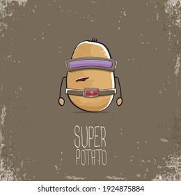 caricatura vectorial graciosa linda super héroe café cyborg potato con máscara y pistola aislado en fondo marrón. Mi nombre es concepto de vector de papa. personaje de comida vegetal súper funky
