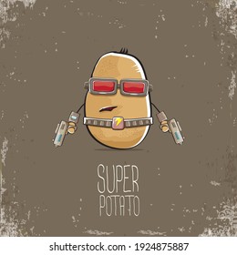 Vektorlustige Cartoon süß braune Superhelden-Cyborg-Kartoffel mit Maske und Pistole einzeln auf braunem Hintergrund. Ich heiße Kartoffelvektorkonzept. super-trendiger Gemüsecharakter
