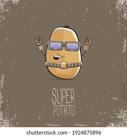 vector funny cartoon cute brown super hero cyborg potato with mask and gun isolated on brown background. My name is potato vector concept. super funky vegetable food character
