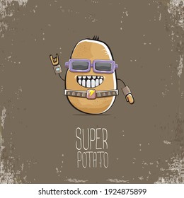 caricatura vectorial graciosa linda super héroe café cyborg potato con máscara y pistola aislado en fondo marrón. Mi nombre es concepto de vector de papa. personaje de comida vegetal súper funky
