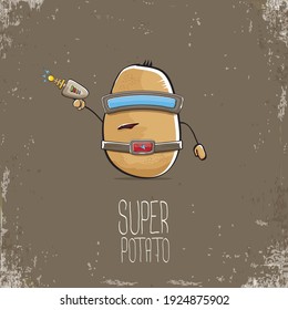caricatura vectorial graciosa linda super héroe café cyborg potato con máscara y pistola aislado en fondo marrón. Mi nombre es concepto de vector de papa. personaje de comida vegetal súper funky