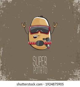 Vektorlustige Cartoon süß braune Superhelden-Cyborg-Kartoffel mit Maske und Pistole einzeln auf braunem Hintergrund. Ich heiße Kartoffelvektorkonzept. super-trendiger Gemüsecharakter