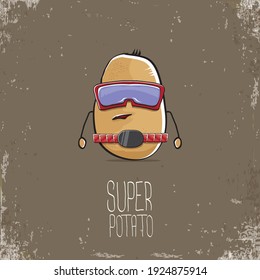 vector funny cartoon cute brown super hero cyborg potato with mask and gun isolated on brown background. My name is potato vector concept. super funky vegetable food character