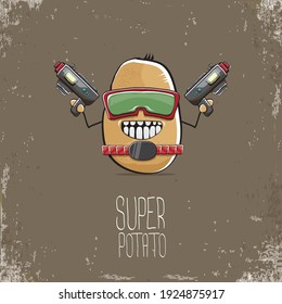 Vektorlustige Cartoon süß braune Superhelden-Cyborg-Kartoffel mit Maske und Pistole einzeln auf braunem Hintergrund. Ich heiße Kartoffelvektorkonzept. super-trendiger Gemüsecharakter