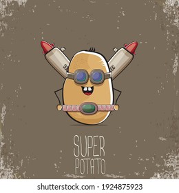caricatura vectorial graciosa linda super héroe café cyborg potato con máscara y pistola aislado en fondo marrón. Mi nombre es concepto de vector de papa. personaje de comida vegetal súper funky