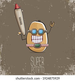 vector funny cartoon cute brown super hero cyborg potato with mask and gun isolated on brown background. My name is potato vector concept. super funky vegetable food character