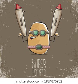 vector funny cartoon cute brown super hero cyborg potato with mask and gun isolated on brown background. My name is potato vector concept. super funky vegetable food character