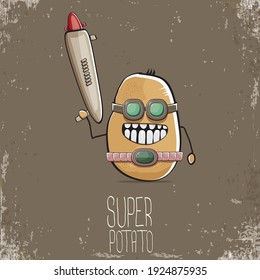 caricatura vectorial graciosa linda super héroe café cyborg potato con máscara y pistola aislado en fondo marrón. Mi nombre es concepto de vector de papa. personaje de comida vegetal súper funky