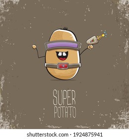 vector funny cartoon cute brown super hero cyborg potato with mask and gun isolated on brown background. My name is potato vector concept. super funky vegetable food character