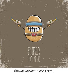 vector funny cartoon cute brown super hero cyborg potato with mask and gun isolated on brown background. My name is potato vector concept. super funky vegetable food character