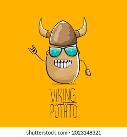 vector funny cartoon cute brown super hero Viking potato with viking helmet isolated on orange background. My name is potato vector concept. Super vegetable funky Viking character