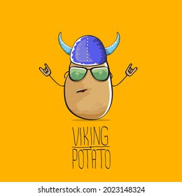 vector funny cartoon cute brown super hero Viking potato with viking helmet isolated on orange background. My name is potato vector concept. Super vegetable funky Viking character