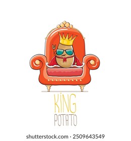 vector funny cartoon cute brown smiling king potato with golden royal crown and red mantle or cape sitting on orange throne isolated on white background. vegetable funky food drawn character