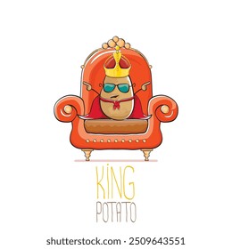 vector funny cartoon cute brown smiling king potato with golden royal crown and red mantle or cape sitting on orange throne isolated on white background. vegetable funky food drawn character