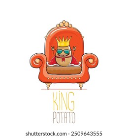 vector funny cartoon cute brown smiling king potato with golden royal crown and red mantle or cape sitting on orange throne isolated on white background. vegetable funky food drawn character