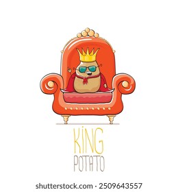 vector funny cartoon cute brown smiling king potato with golden royal crown and red mantle or cape sitting on orange throne isolated on white background. vegetable funky food drawn character