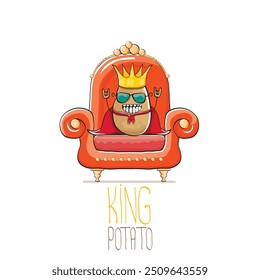 vector funny cartoon cute brown smiling king potato with golden royal crown and red mantle or cape sitting on orange throne isolated on white background. vegetable funky food drawn character