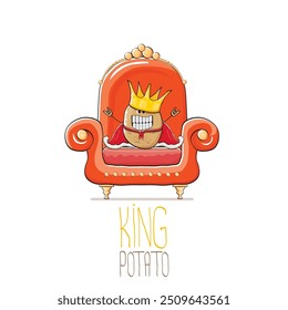 vector funny cartoon cute brown smiling king potato with golden royal crown and red mantle or cape sitting on orange throne isolated on white background. vegetable funky food drawn character